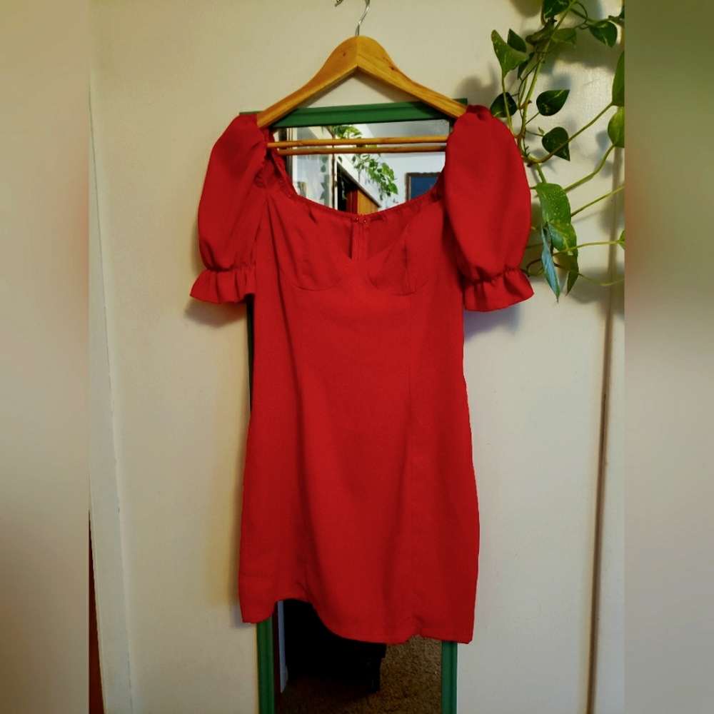 Cherry Red Puff Sleeve Mini Dress